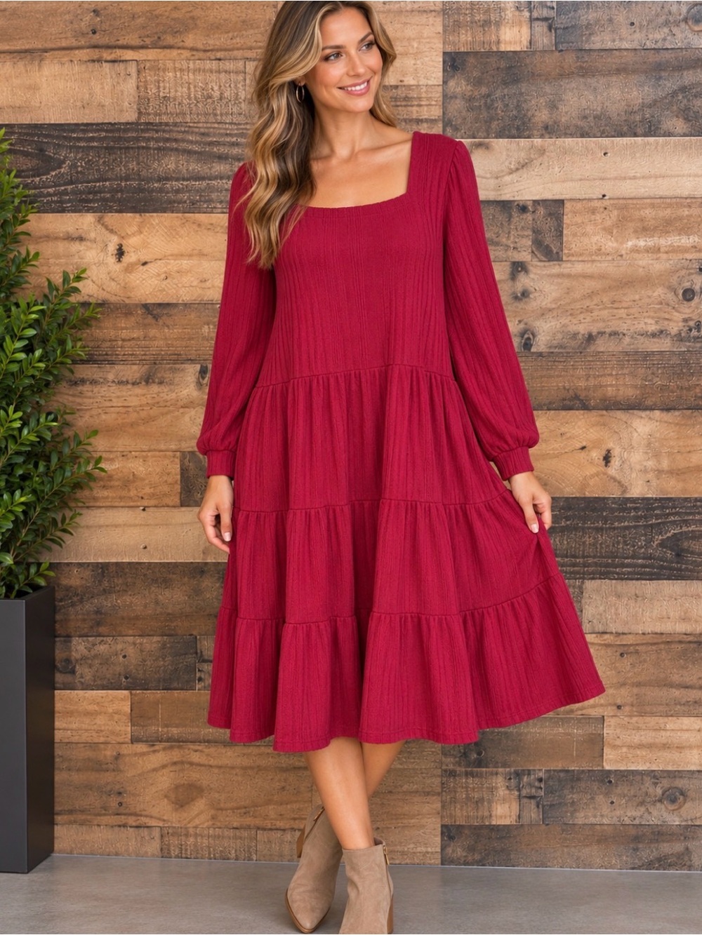 Sampeel Women’s Red Tiered Long Sleeve Dress XXL 2X